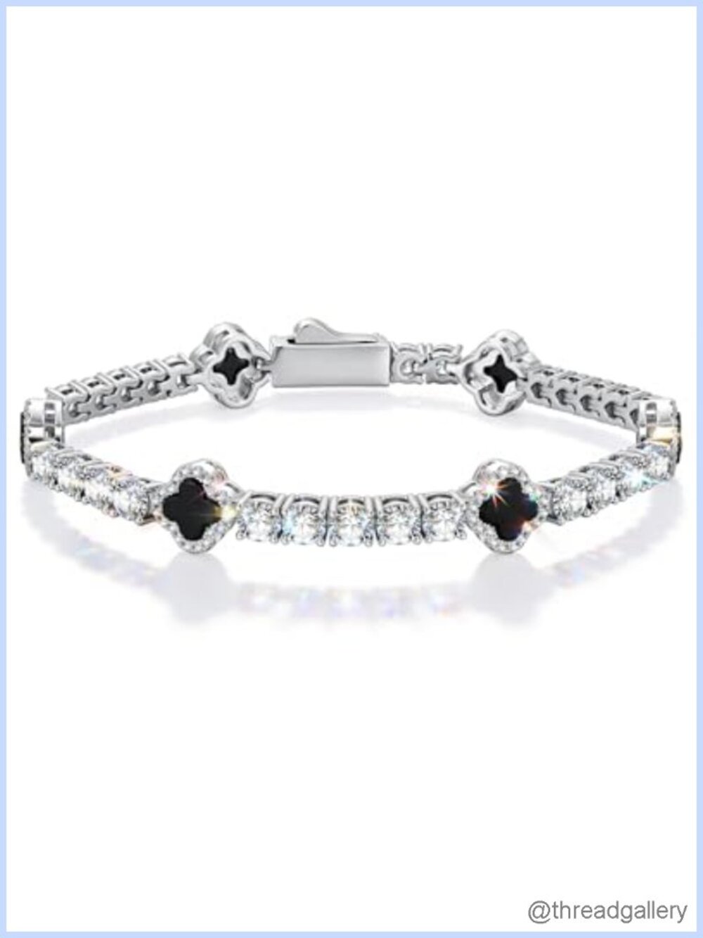 Natural Black Onyx Four-Leaf Clover White Gold Plated Tennis Bracelet